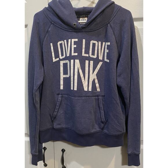 Victoria's Secret PINK Hooded Sweatshirt Blue with White LOVE LOVE PINK Sz Lg - Picture 2 of 4